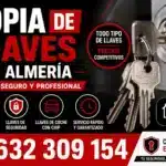 Copia de llaves en Almería con llaves convencionales, llaves de seguridad y llaves con chip, mostrando servicio profesional y teléfono 632 309 154 para duplicados rápidos y seguros.