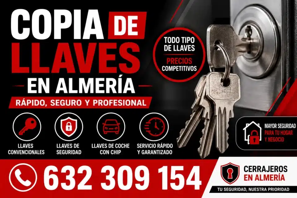 Copia de llaves en Almería con llaves convencionales, llaves de seguridad y llaves con chip, mostrando servicio profesional y teléfono 632 309 154 para duplicados rápidos y seguros.