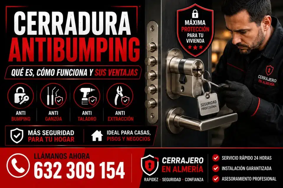 Cerradura antibumping: qué es y cómo funciona, con bombín de alta seguridad, protección antiganzúa, antitaladro y anti-extracción para reforzar la seguridad de una vivienda en Almería.