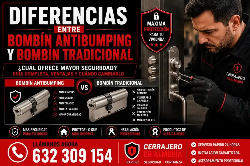Comparativa entre un bombín antibumping y un bombín tradicional, mostrando sus diferencias en seguridad, resistencia y protección para viviendas en Almería.