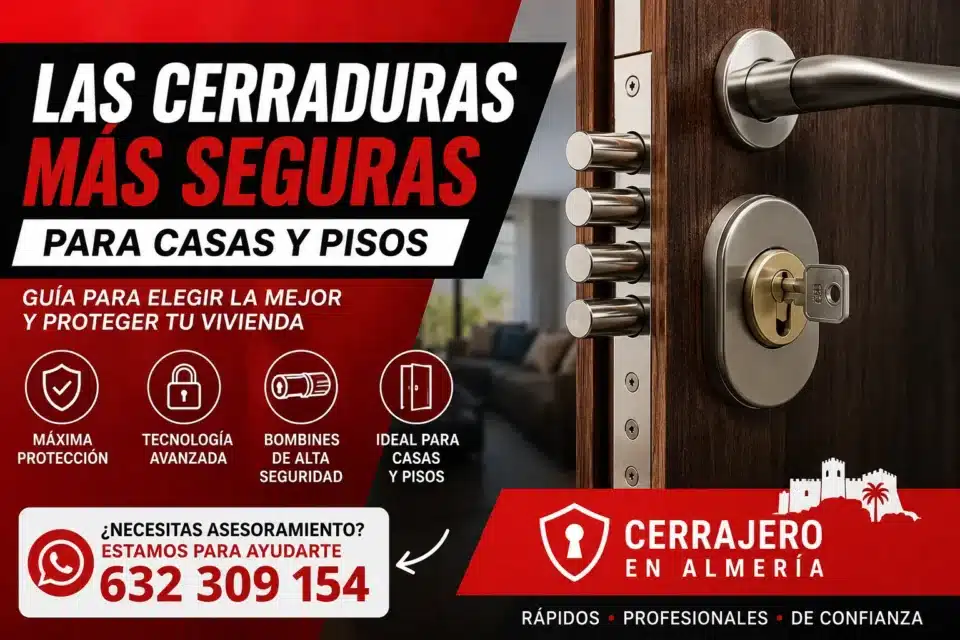 Las cerraduras más seguras para casas y pisos, mostrando una cerradura multipunto de alta seguridad instalada en una puerta y destacando los sistemas de protección recomendados para viviendas.