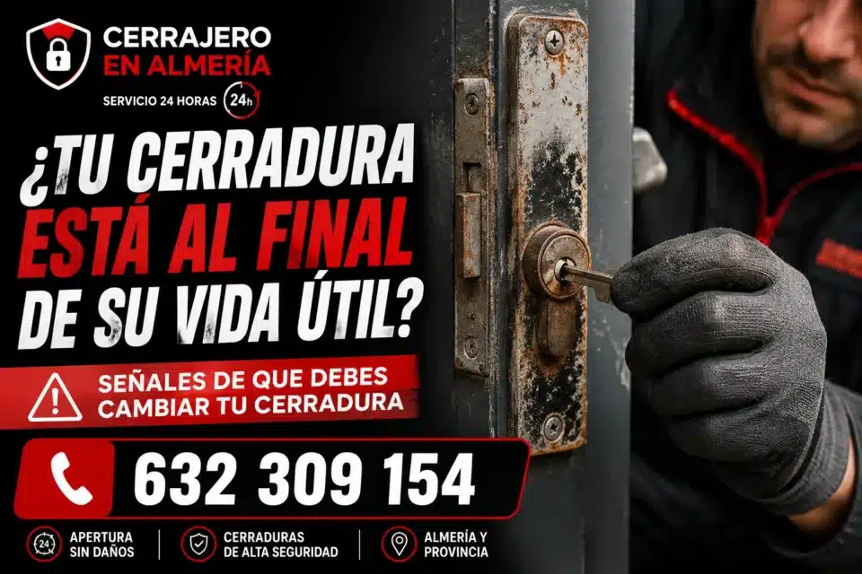 Cerradura desgastada siendo inspeccionada por un cerrajero en Almería, una de las principales señales de que ha llegado al final de su vida útil.